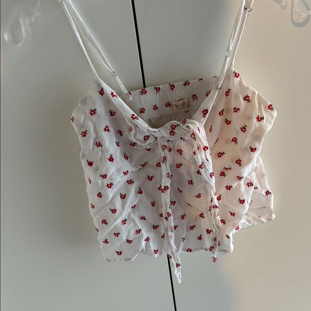 RARE Brandy Melville John Galt Floral Embroidered Red & White Tie-Front Tank Top